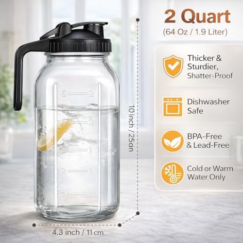 64oz Glass Pitcher with Handle and Flip Lid, Leak-Proof Seal, 3 Pack