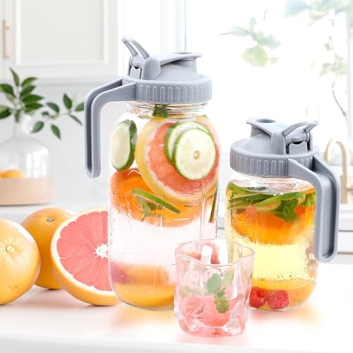 Mason Jar Pitcher Wide Mouth 64 OZ Glass Jars With Pour Spout Lids