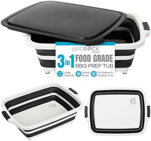 BIRDROCK HOME 11L Collapsible BBQ Prep Tub with Lid, Black, 19”L x