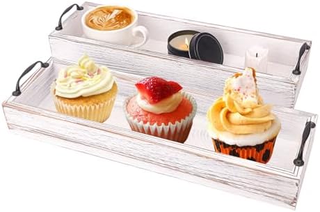 2 PCS 16 Inch Rustic Wooden Serving Trays with Metal Handles