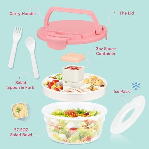 Salad Container for Lunch, Bento Lunch Box 58-oz with 4 Compartments