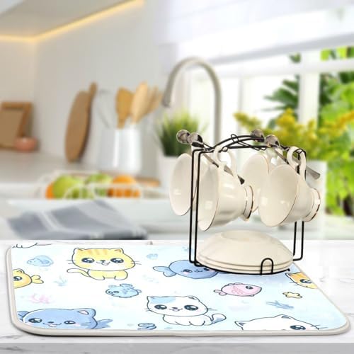 OTVEE Sea Kitty Art Dish Drying Mat for Kitchen Counter Absorbent Heat