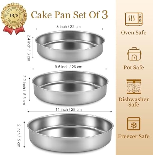 Inqibee 8-9.5-11 Inch Round Cake Pan Set, Stainless Steel Textured