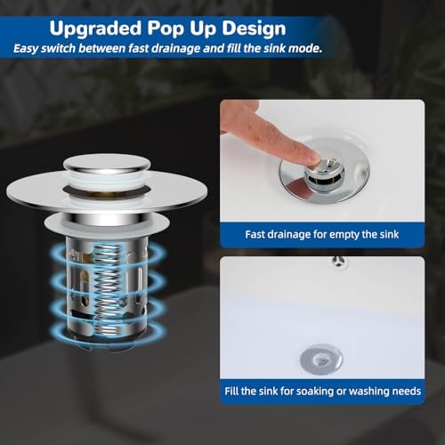 Hibbent Upgraded 3 in 1 Bathroom Sink Drain Strainer, Pop Up Stopper