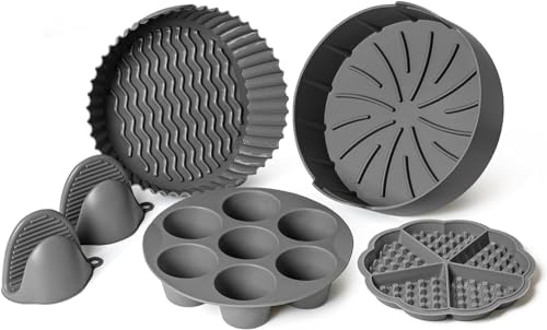 EM Set of 5 Silicone Air Fryer Liners with Egg Bite Mold, Waffle Mold