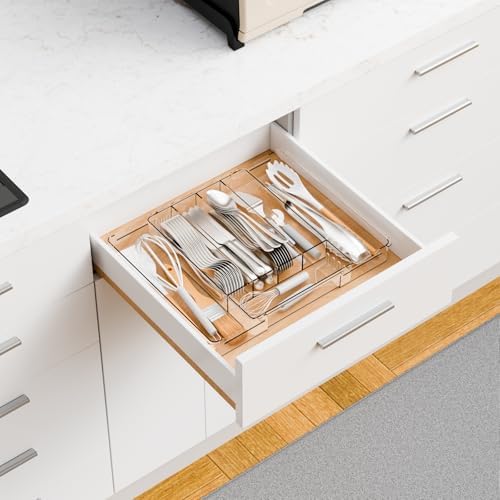Yieach Clear Expandable Silverware Drawer Organizer,9.4-15.6In Adjustable Silverware Tray for Drawer,Acrylic Kitchen Utensil Drawer Organizer for Cutlery,Flatware Organizers and Fork and Spoon Holder
