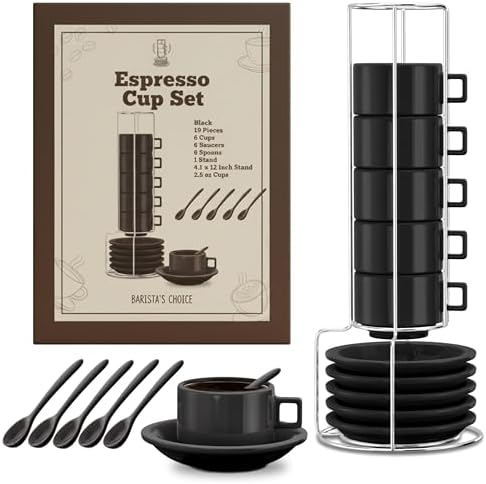 Espresso Cup Set, with Saucers, Spoons, 19 Pieces, Set of 6, 2.5 OZ