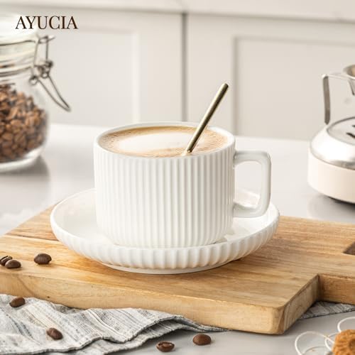 8 Ounce Cappuccino Cups Set of 4, Latte Mugs with Saucers and Spoons