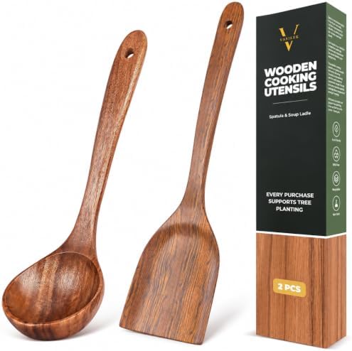 Vasilek Wooden Cooking Utensils, Acacia Wood Spatula & Soup Ladle