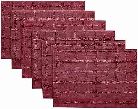 ZeeMart Linen Checked Farmhouse Placemats Set of 6, Burgundy 13x19in