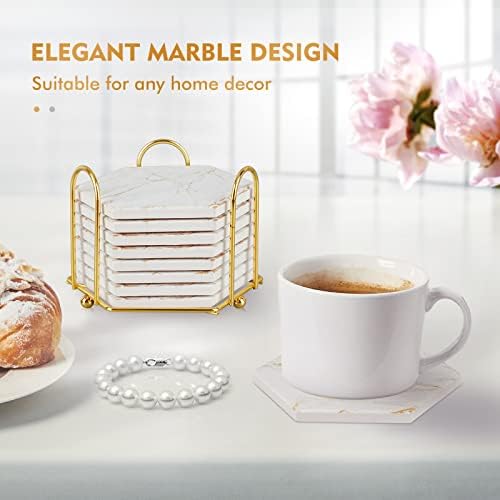 Coasters Set of 8, White and Gold Absorbent Marble Coaster