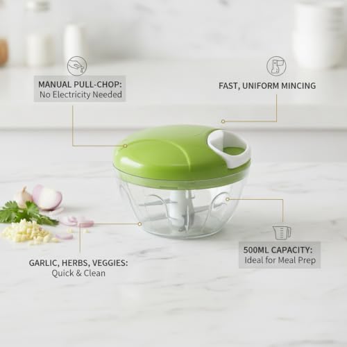 Manual Food Chopper, Pull-String Vegetable Mincer with 500ml PC