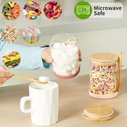 Mfacoy Set of 4 Airtight Glass Jars with Bamboo Lids & Spoons, 17 oz