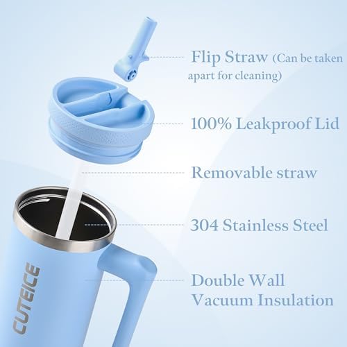 Blue Tumbler with Straw and Handle Coffee Travel Mug with Lid