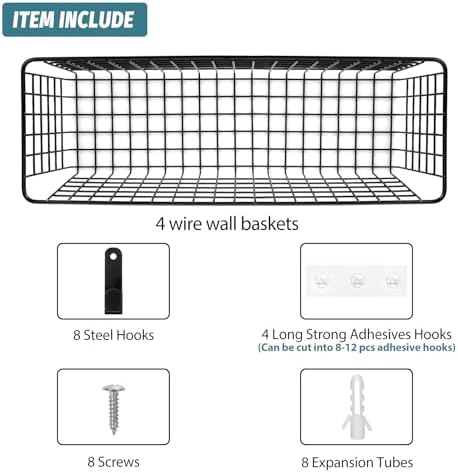 4 Set Extra Large Hanging Wall-Mount Storage Baskets, Black