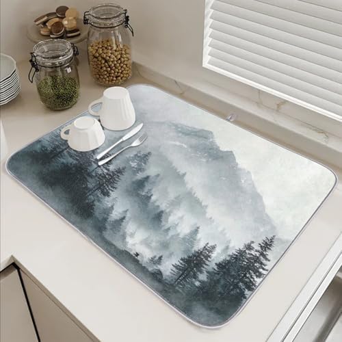 Dish Drying Mats for Kitchen Counter Misty Forest Mountain Landscape