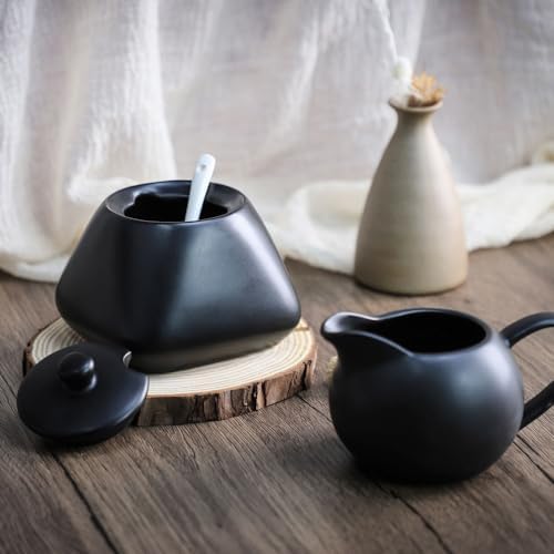 Black Simple Ceramic Coffee Serving Set, Creamer Pitcher and Sugar