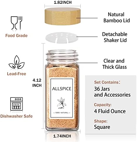 Aliggbent Spice Jars with Labels 36 Pcs 4 oz Glass Bamboo Lids Shaker