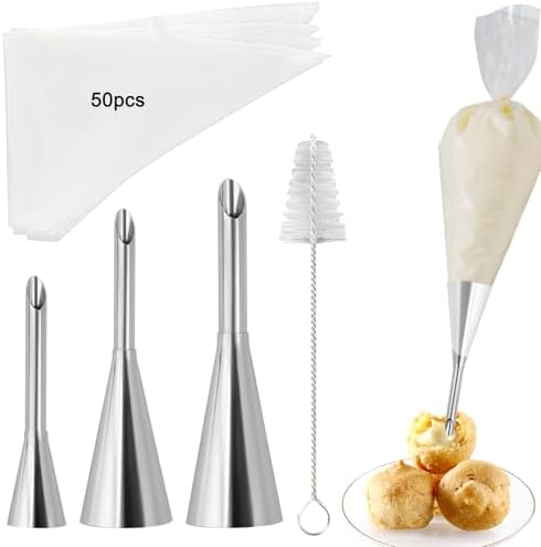 3 Pcs Puff Cream Filling Piping Tips with 50 Piping Bags and Cleaning