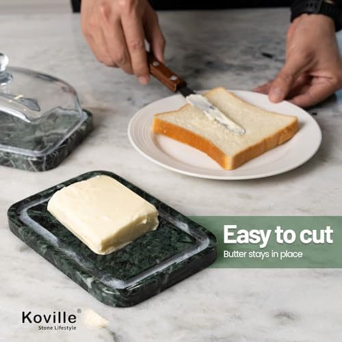 Koville Green Marble Butter Dish with Glass Lid for Countertop and