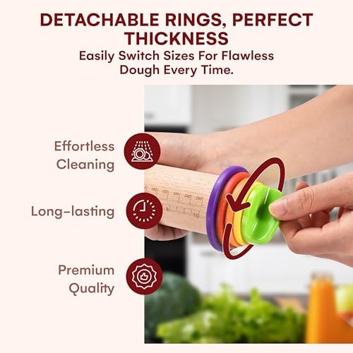 Kitchtic Rolling Pin with Thickness Rings - Adjustable Wooden Rolling