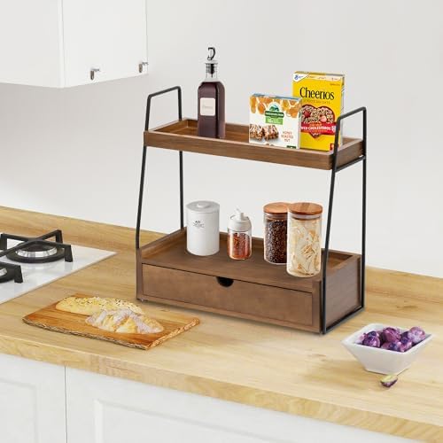 2-Tier Bathroom Countertop Organizer with Drawer, Brown