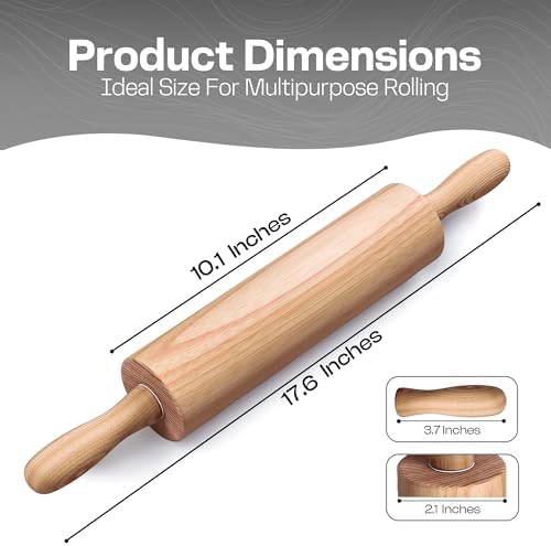 Wooden Rolling Pin, Beech Wood, 17.6" Dough Roller for Baking