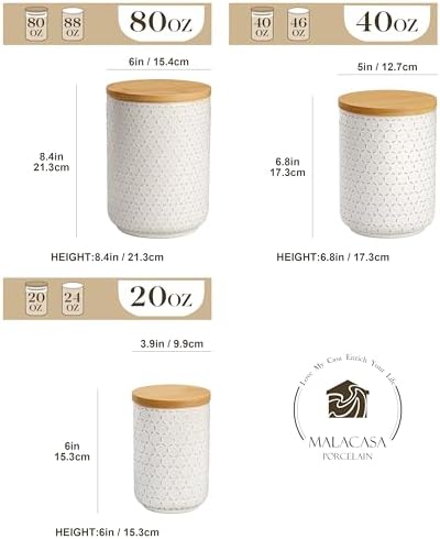 MALACASA LYDIA Ceramic Canisters Set with Airtight Lids, 80/40/20 oz