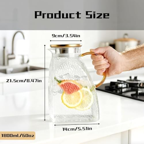Glass Pitcher with Lid and Spout, 1.8L/60oz Clear Jug - Fridge Door