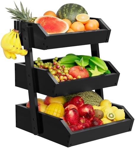 Black Bamboo 3 Tier Fruit Basket for Kitchen Counter with 2 Banana Hangers