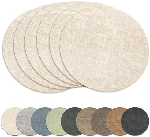 13" Round Placemats Set of 6, Reversible Faux Leather Wipeable Table
