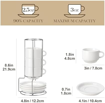MALACASA Porcelain Espresso Cups Set of 4, with Saucers and Metal
