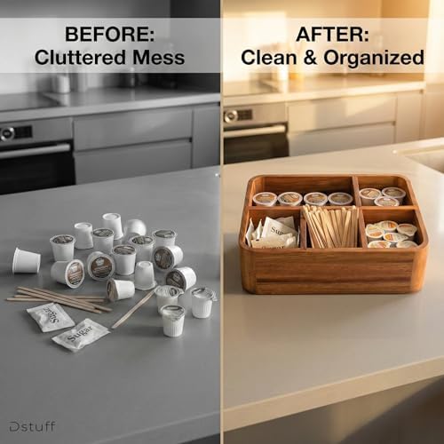 Dstuff Acacia Wood Coffee Station Organizer for Countertop, Tea