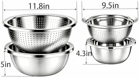 4-Piece Stainless Steel Mixing Bowls and Microporous Colanders Set, 3QT & 5QT Nesting Bowls with Fine Drain Strainers for Washing Rice, Fruits, Vegetables, Pasta, and More
