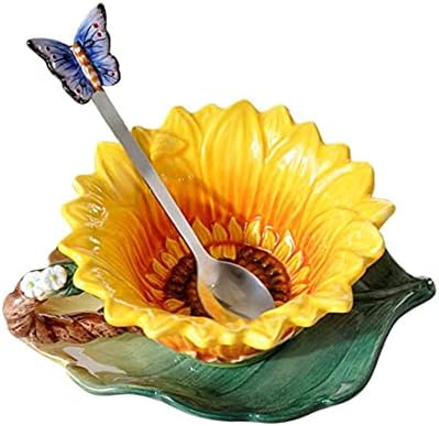 Ceramic Coffee Mug & Saucer Set, 3D Sunflower & Leaf, 6oz