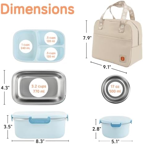 304 Stainless Steel Bento Lunch Box Set with Insulated Bag, Blue