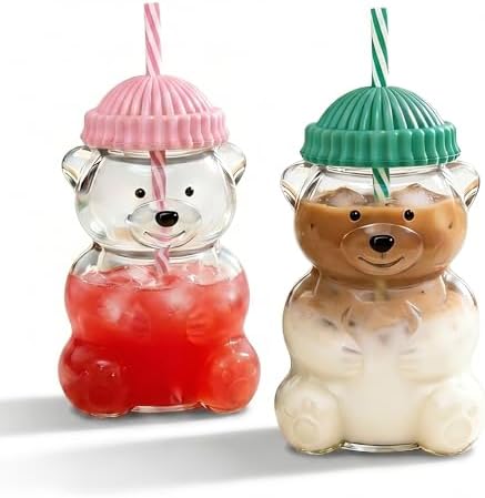 20oz Bear Glass Cup with Lid &Straw 2 Pack, Reusable Glass Drinking