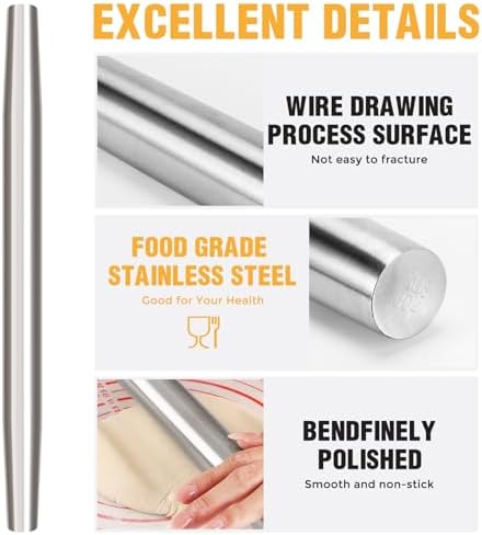 AMUZHI Seamless Stainless Steel Rolling Pin with Silicone Pastry Mat