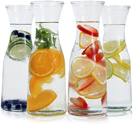 Set of 4 Glass Carafe with Lids, 1 Liter Beverage Pitcher Carafe for
