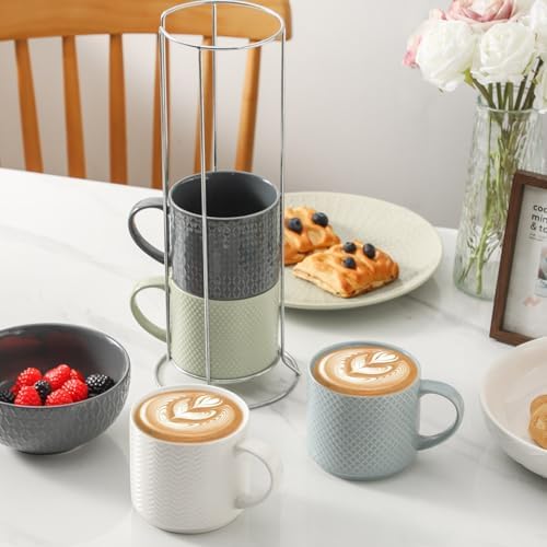 HASENSE Coffee Mugs with Metal Stand,15 oz Ceramic Stackable Mug Set