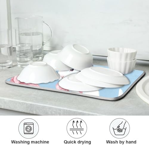 OTVEE White Rabbit Art Dish Drying Mat for Kitchen Counter Absorbent