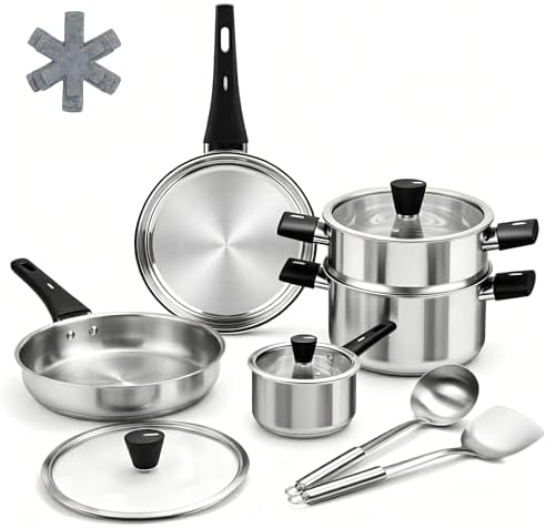 Stainless Steel Cookware Set, 14-Piece Pots and Pans Set, Kitchen Cookware Set with Stay-Cool Handle, Non-Toxic, Dishwasher Safe & Compatible with All Stovetops (Gas, Electric & Induction)