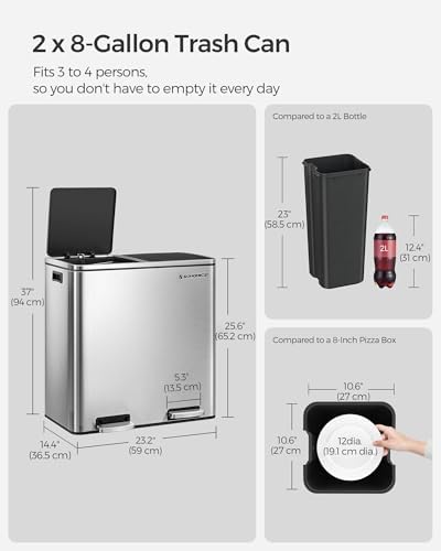 SONGMICS 2 x 8 Gallon Trash Can, Silver and Black