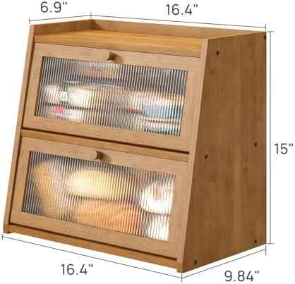 viewcare Extra Large Bread Box, Double Layer Bread Box for Kitchen Counter, Bamboo Wood Large Capacity Bread Storage Bin with Acrylic Wavy Door Panel
