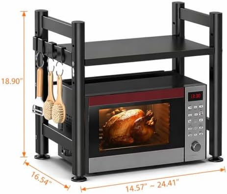 2-Tier Microwave Stand, 220lbs Rack with 6 Hooks