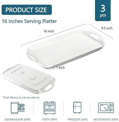 Dizada Serving Tray with Handles 16"x9.5" - White Porcelain Platters