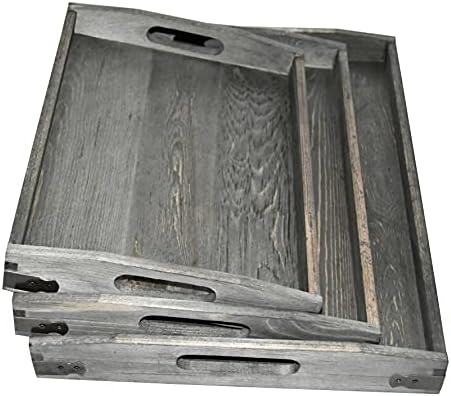 Owlgift Vintage Grey Wood Serving Trays with Brass Metal Wrap Accents