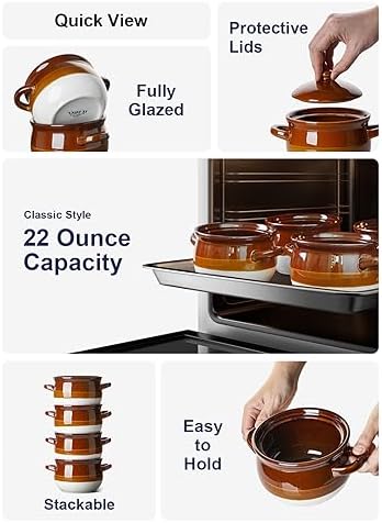 LE TAUCI French Onion Soup Bowls with Lids, Handles, 22 oz, Set of 4