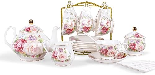 fanquare European Vintage Floral Porcelain Coffee Set, Pink Women Tea