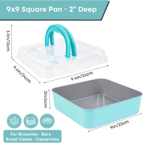 9x9 Square Cake Pan with Lid, Nonstick, Foldable Handle